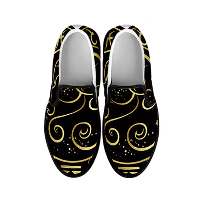 Gold And Black Aries Sign Print Black Slip On Shoes