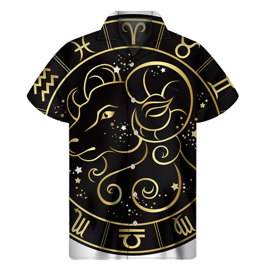 Gold And Black Aries Sign Print Men's Short Sleeve Shirt