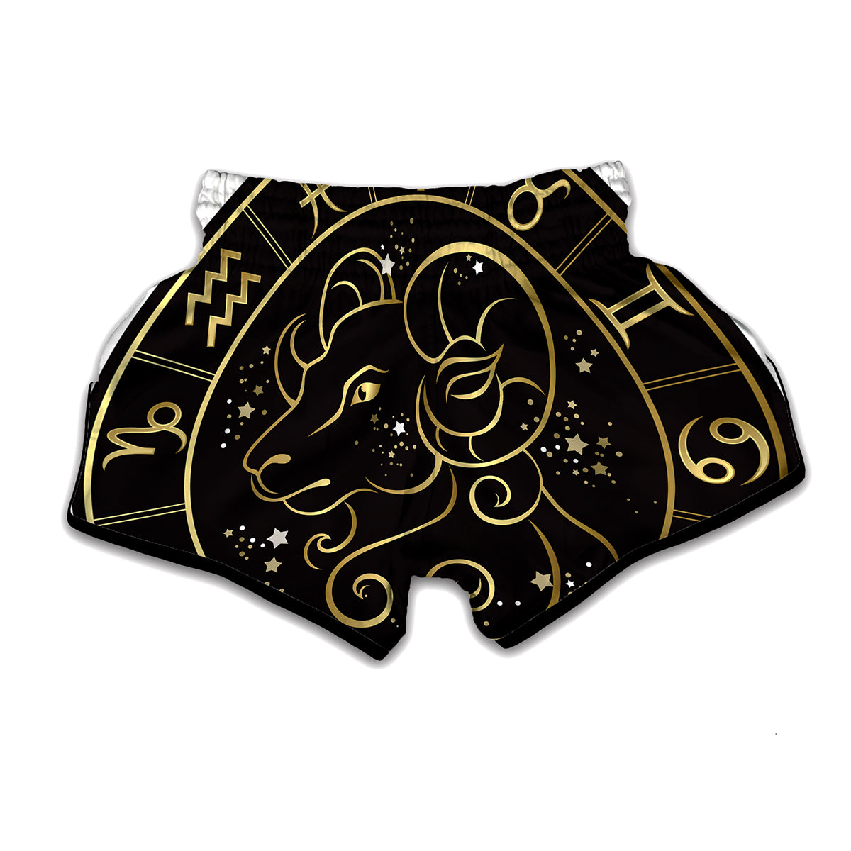 Gold And Black Aries Sign Print Muay Thai Boxing Shorts