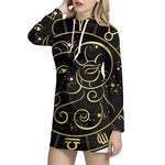 Gold And Black Aries Sign Print Pullover Hoodie Dress