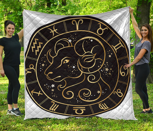 Gold And Black Aries Sign Print Quilt