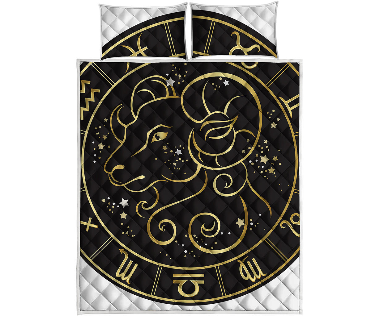 Gold And Black Aries Sign Print Quilt Bed Set