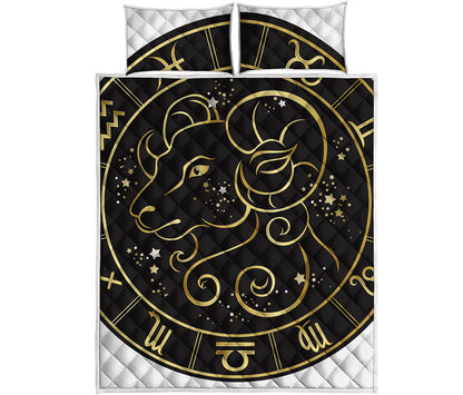 Gold And Black Aries Sign Print Quilt Bed Set