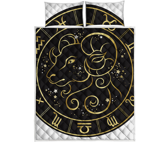 Gold And Black Aries Sign Print Quilt Bed Set