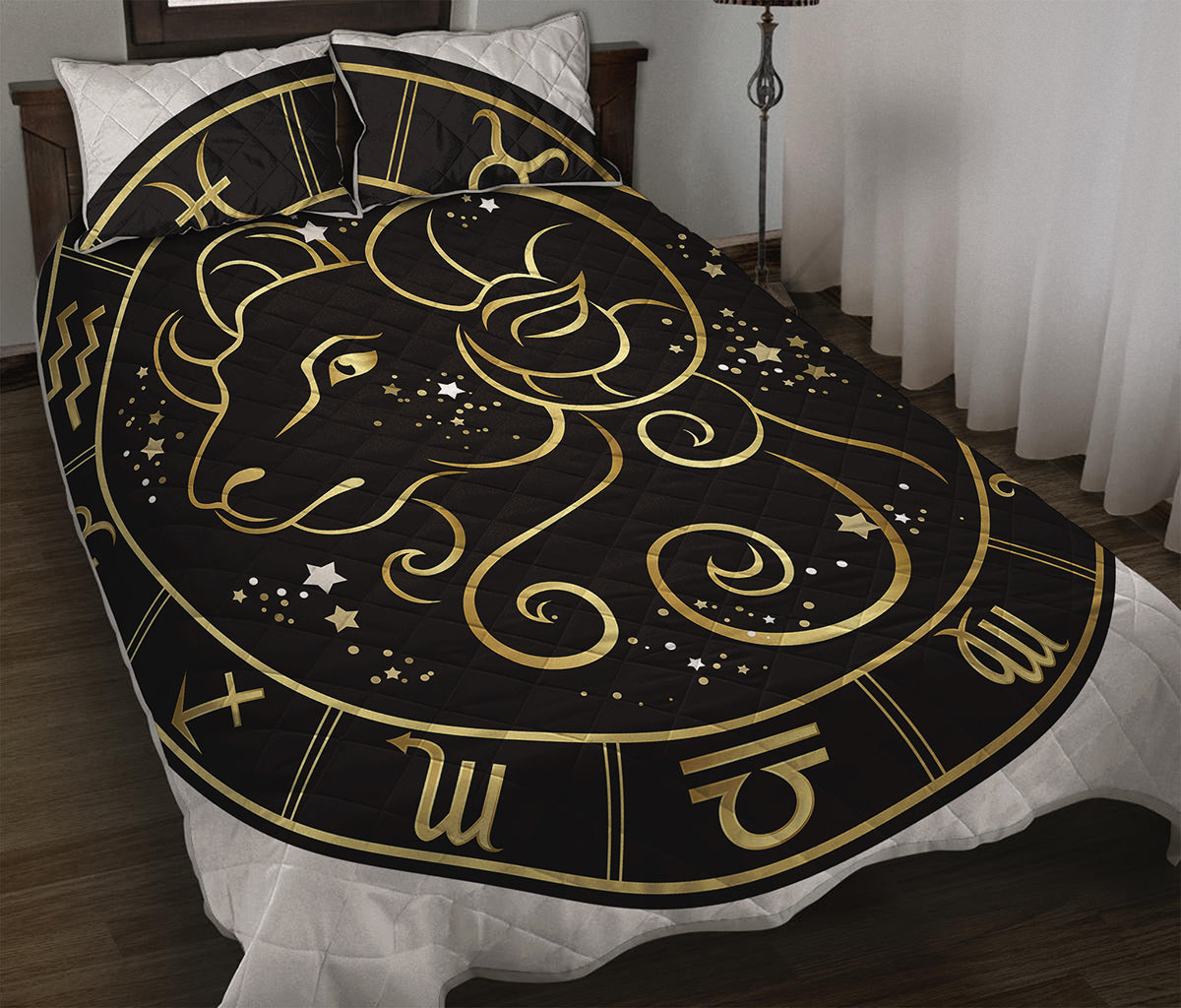 Gold And Black Aries Sign Print Quilt Bed Set