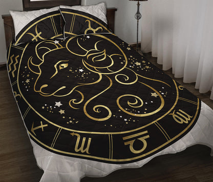 Gold And Black Aries Sign Print Quilt Bed Set