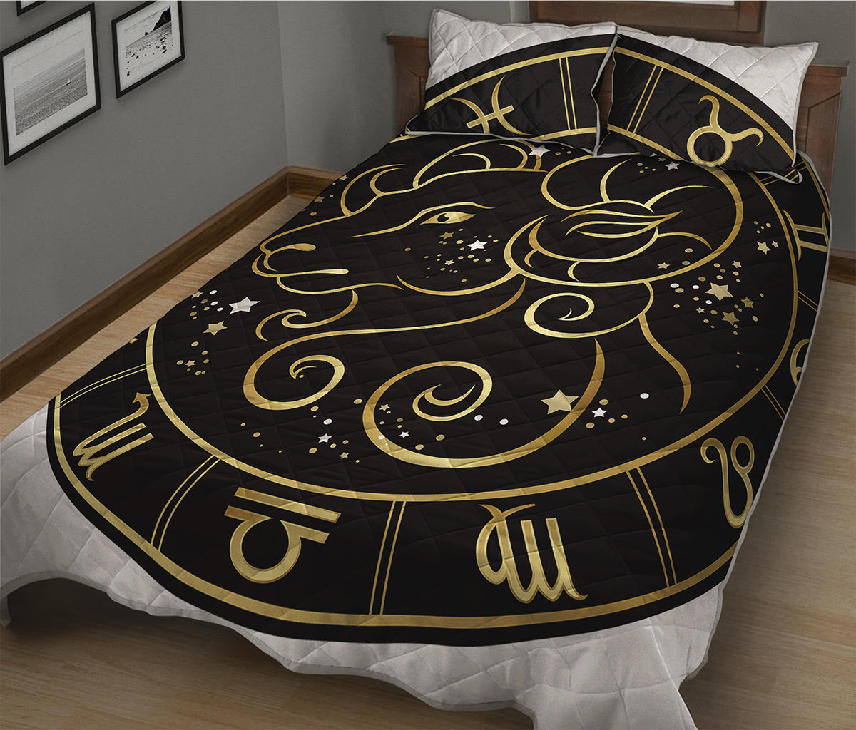 Gold And Black Aries Sign Print Quilt Bed Set