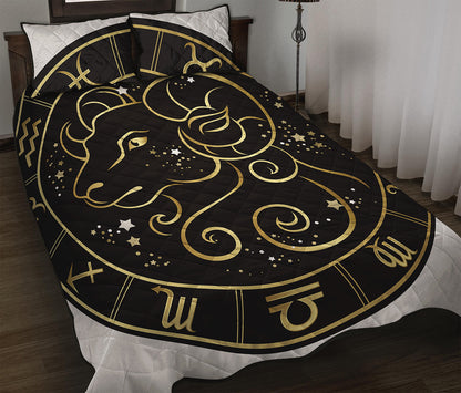 Gold And Black Aries Sign Print Quilt Bed Set