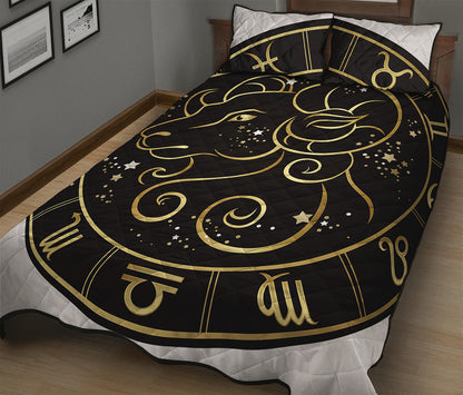 Gold And Black Aries Sign Print Quilt Bed Set