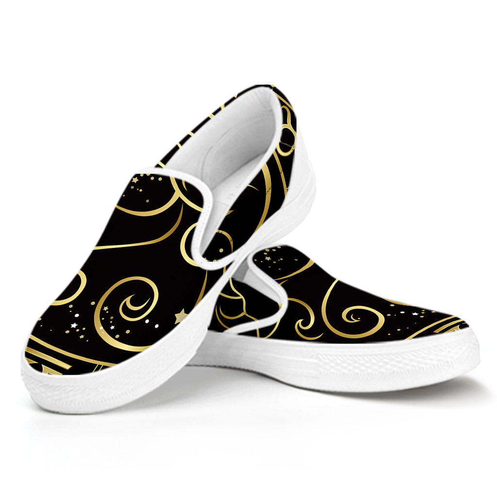 Gold And Black Aries Sign Print White Slip On Shoes