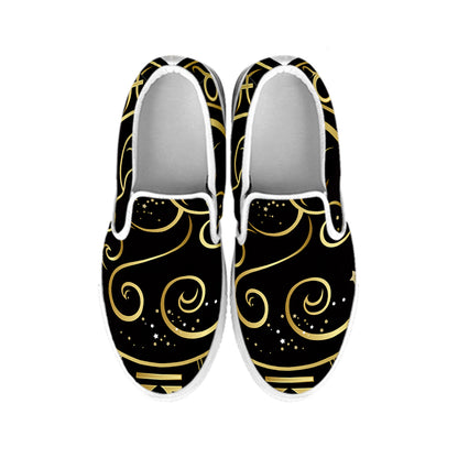 Gold And Black Aries Sign Print White Slip On Shoes