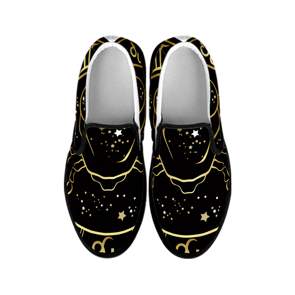 Gold And Black Cancer Sign Print Black Slip On Shoes