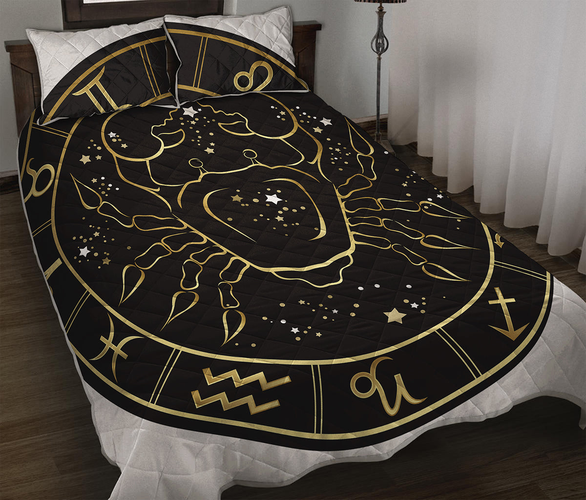 Gold And Black Cancer Sign Print Quilt Bed Set
