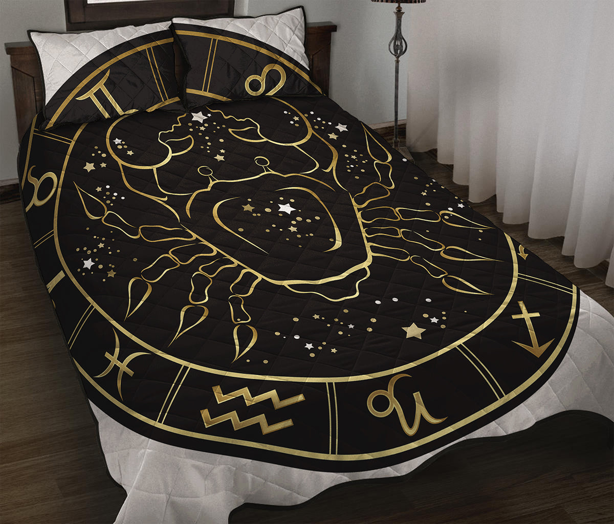 Gold And Black Cancer Sign Print Quilt Bed Set