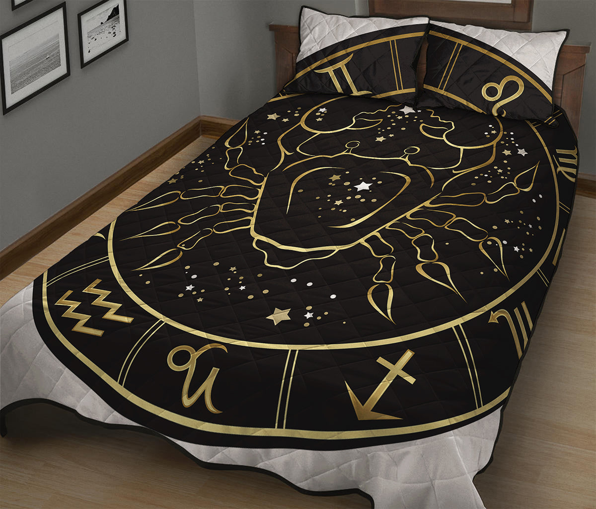 Gold And Black Cancer Sign Print Quilt Bed Set
