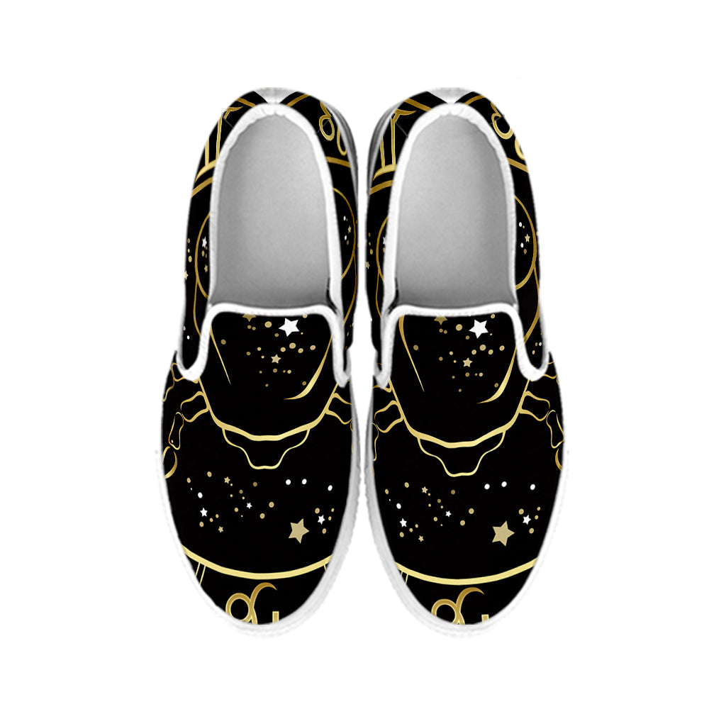 Gold And Black Cancer Sign Print White Slip On Shoes