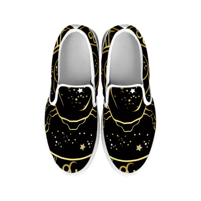 Gold And Black Cancer Sign Print White Slip On Shoes