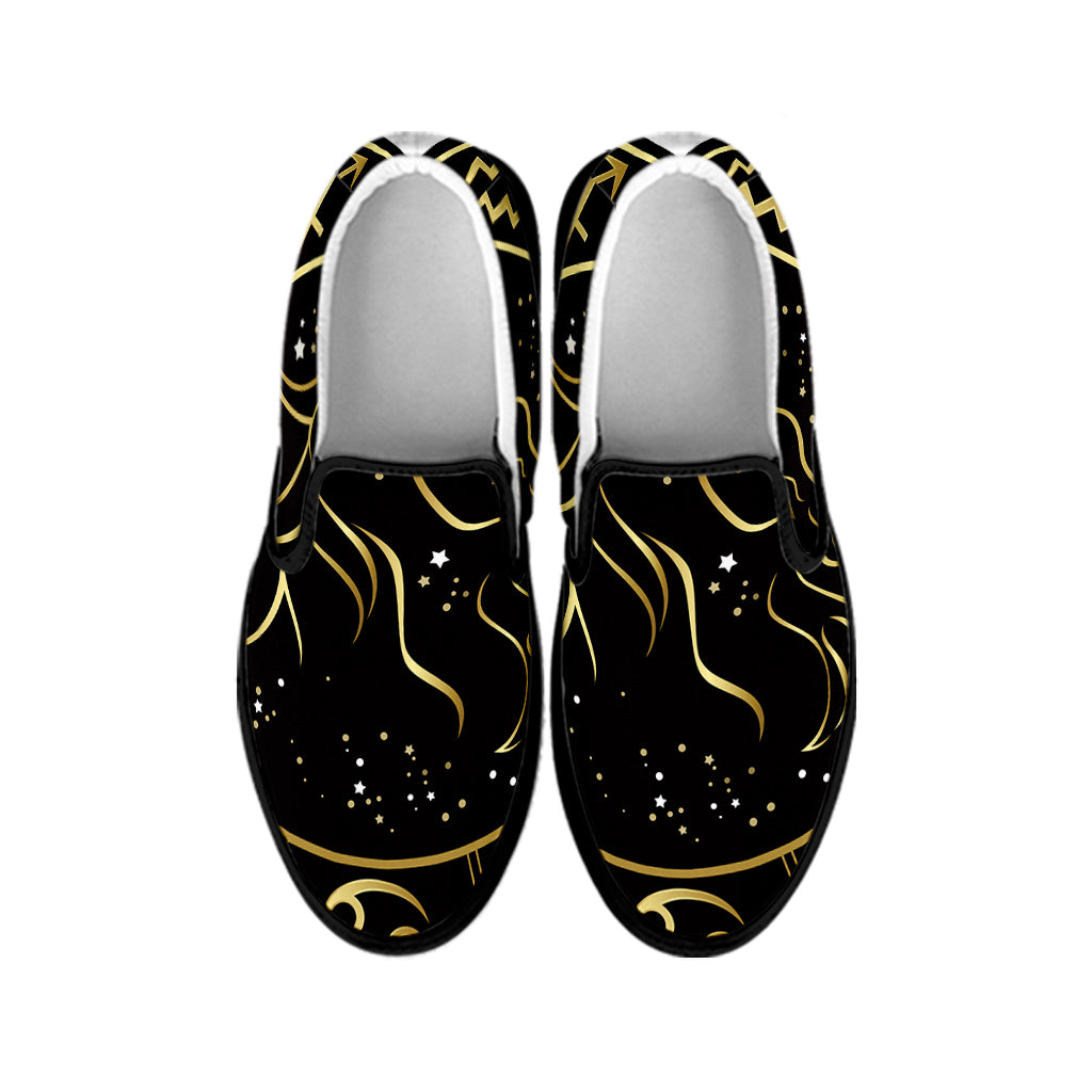 Gold And Black Capricorn Sign Print Black Slip On Shoes