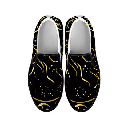 Gold And Black Capricorn Sign Print Black Slip On Shoes
