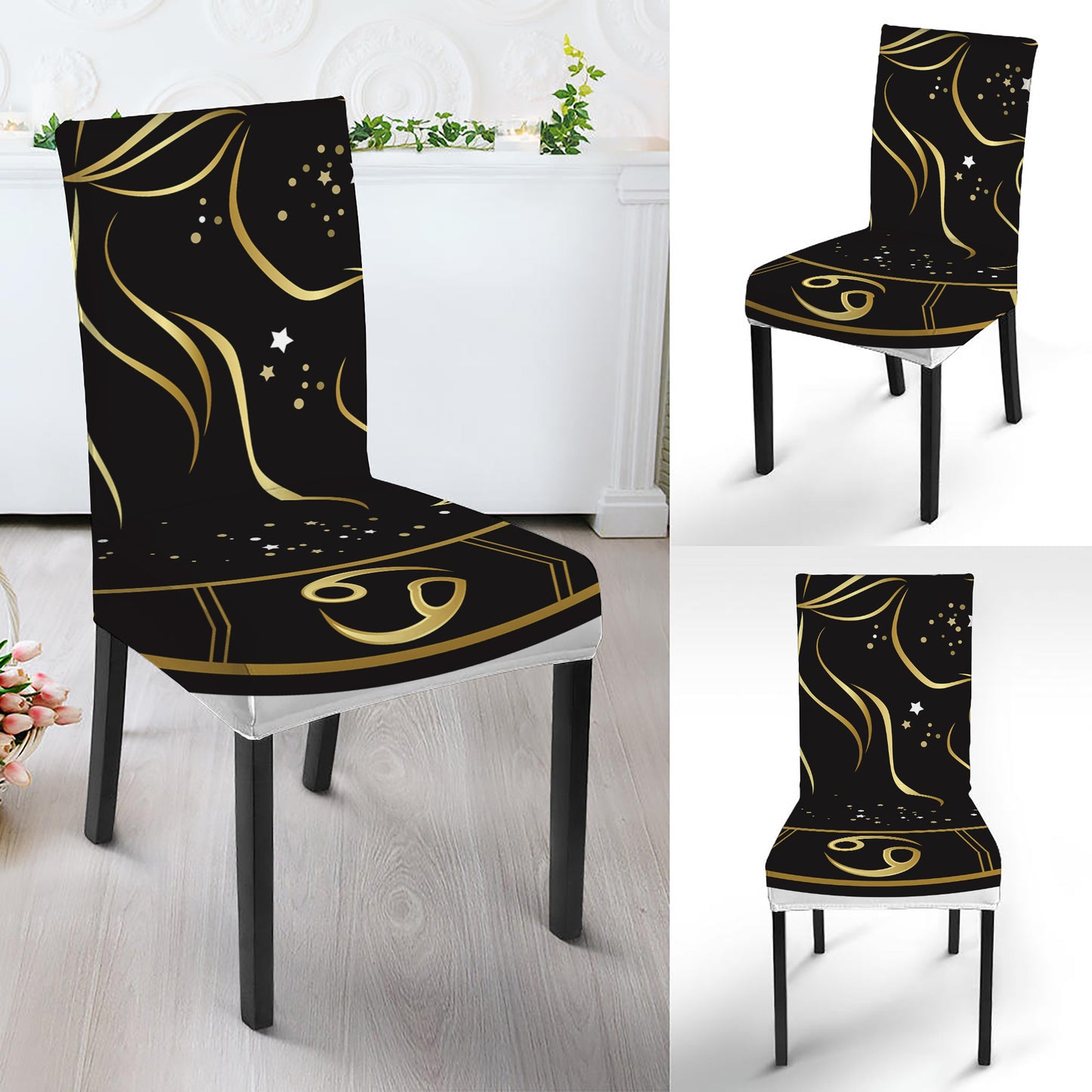 Gold And Black Capricorn Sign Print Dining Chair Slipcover