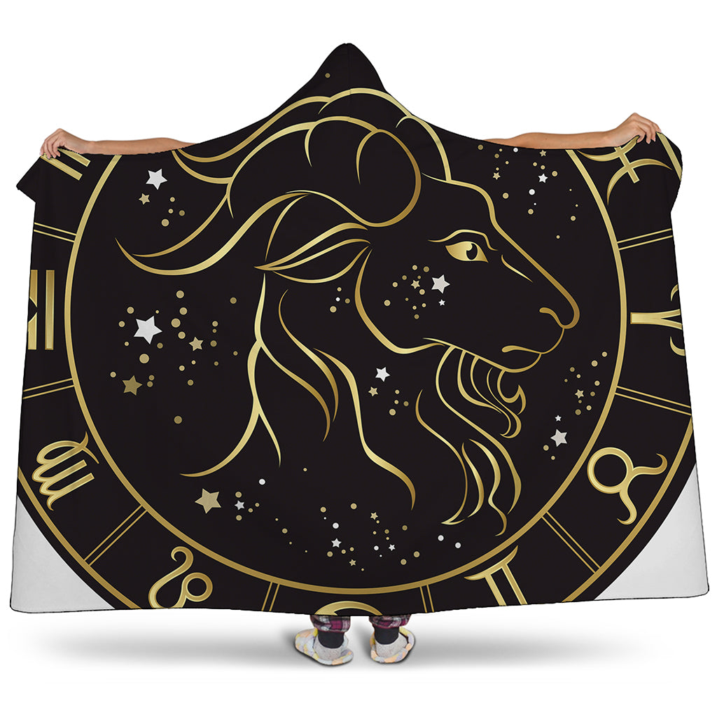 Gold And Black Capricorn Sign Print Hooded Blanket