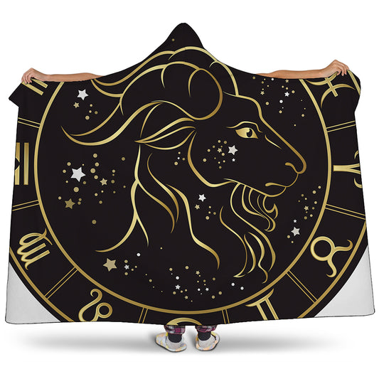 Gold And Black Capricorn Sign Print Hooded Blanket