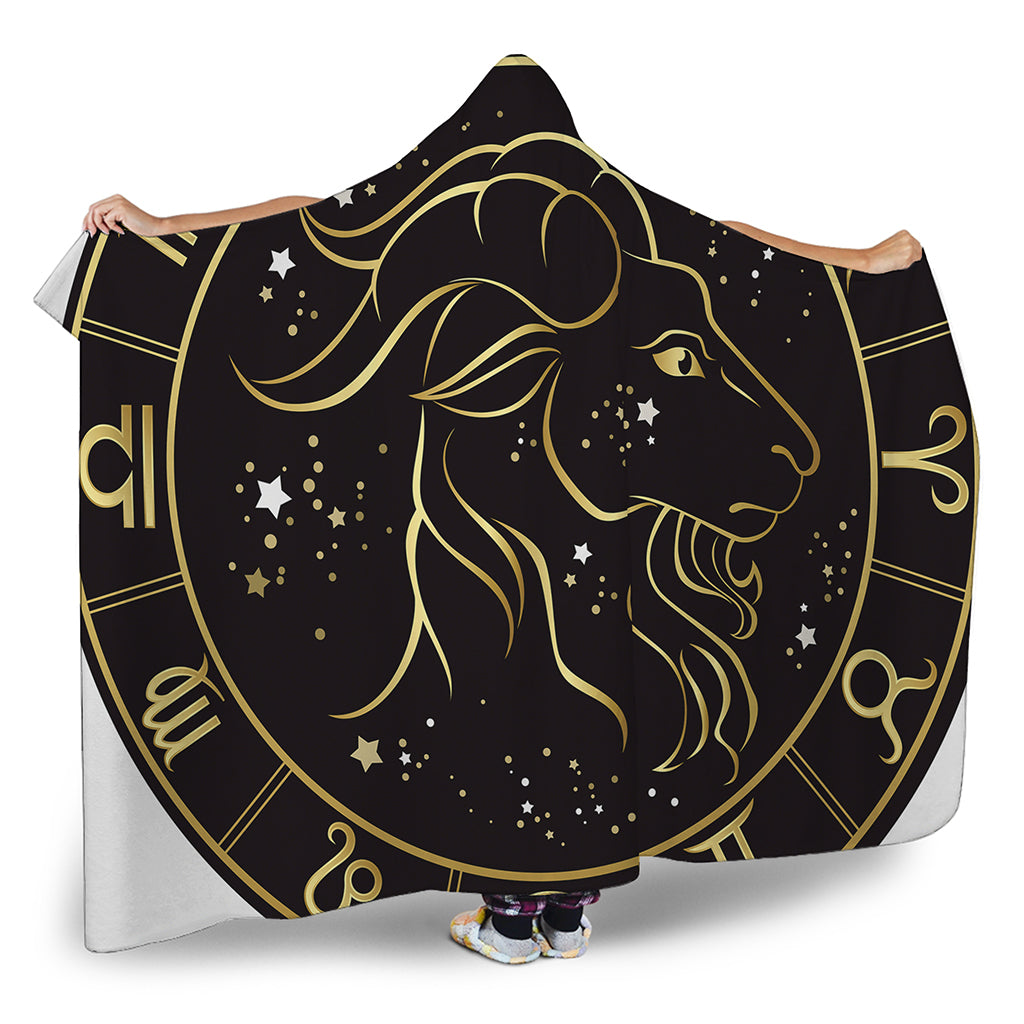 Gold And Black Capricorn Sign Print Hooded Blanket