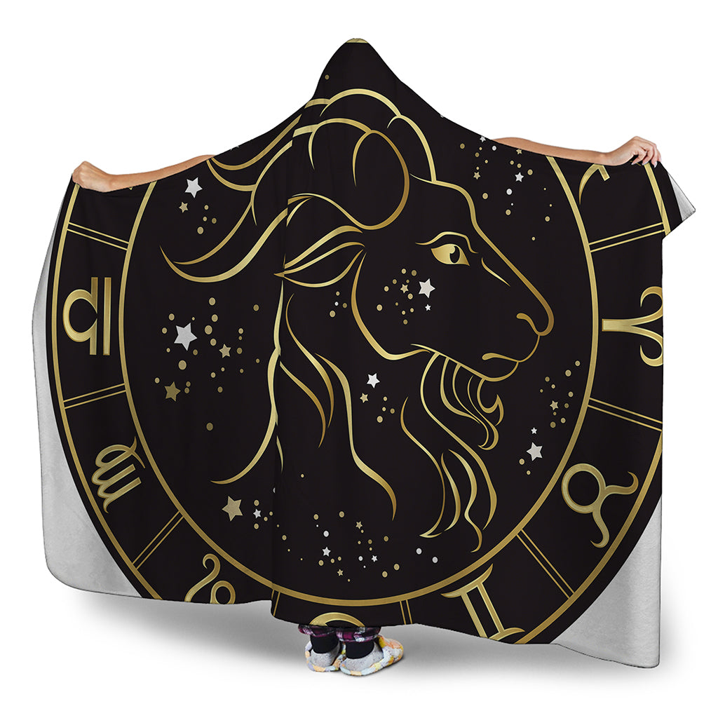 Gold And Black Capricorn Sign Print Hooded Blanket