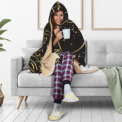 Gold And Black Capricorn Sign Print Hooded Blanket