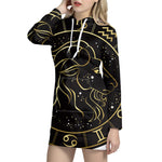 Gold And Black Capricorn Sign Print Pullover Hoodie Dress