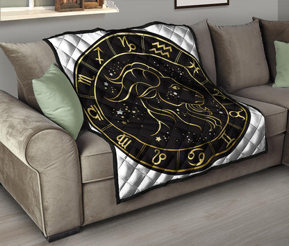 Gold And Black Capricorn Sign Print Quilt