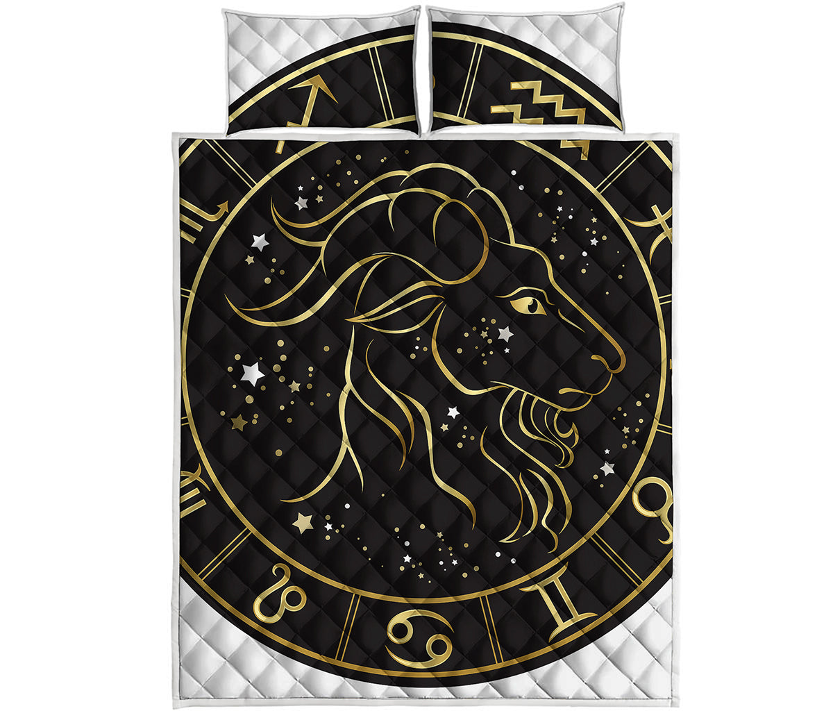 Gold And Black Capricorn Sign Print Quilt Bed Set
