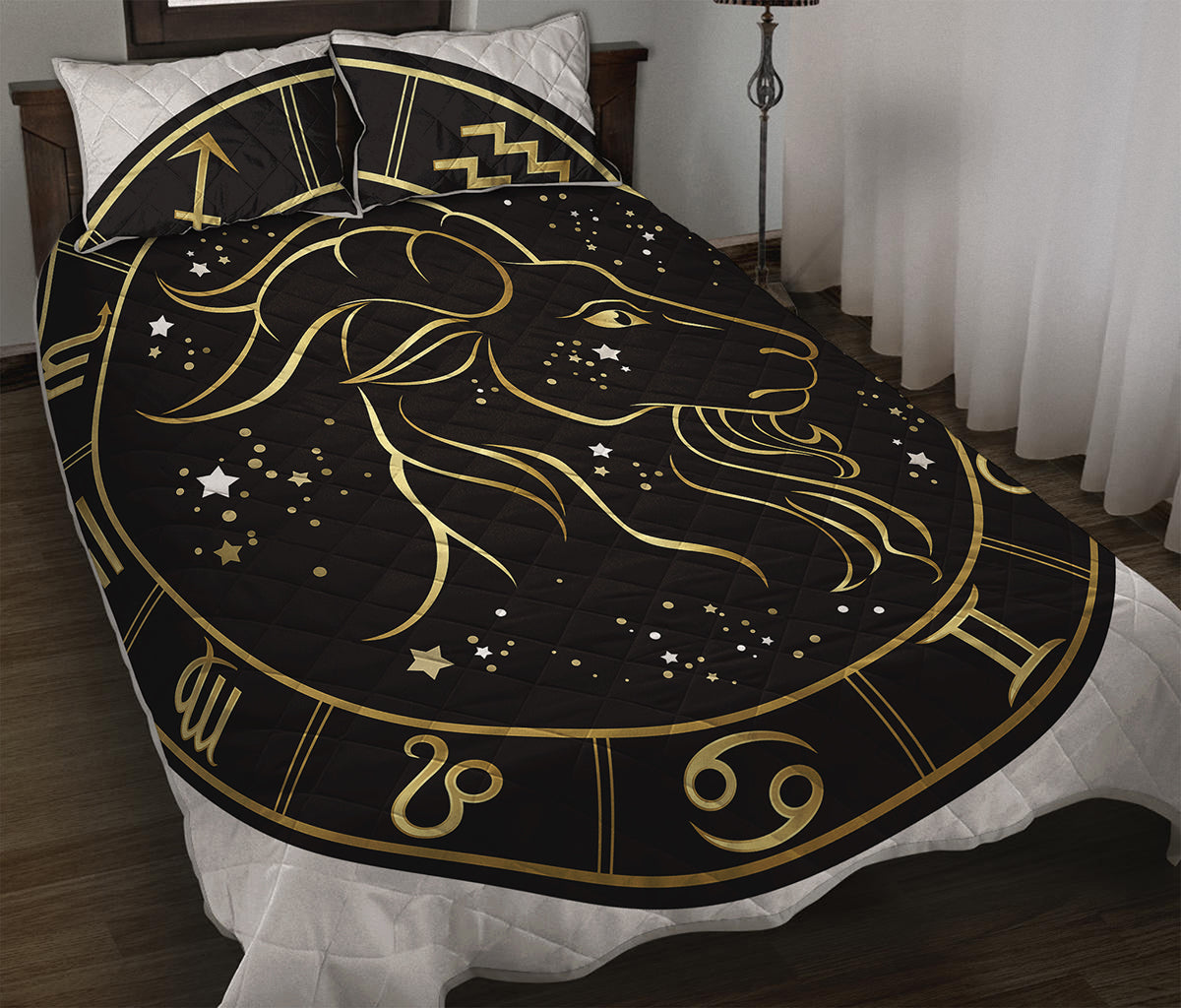 Gold And Black Capricorn Sign Print Quilt Bed Set