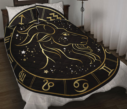 Gold And Black Capricorn Sign Print Quilt Bed Set
