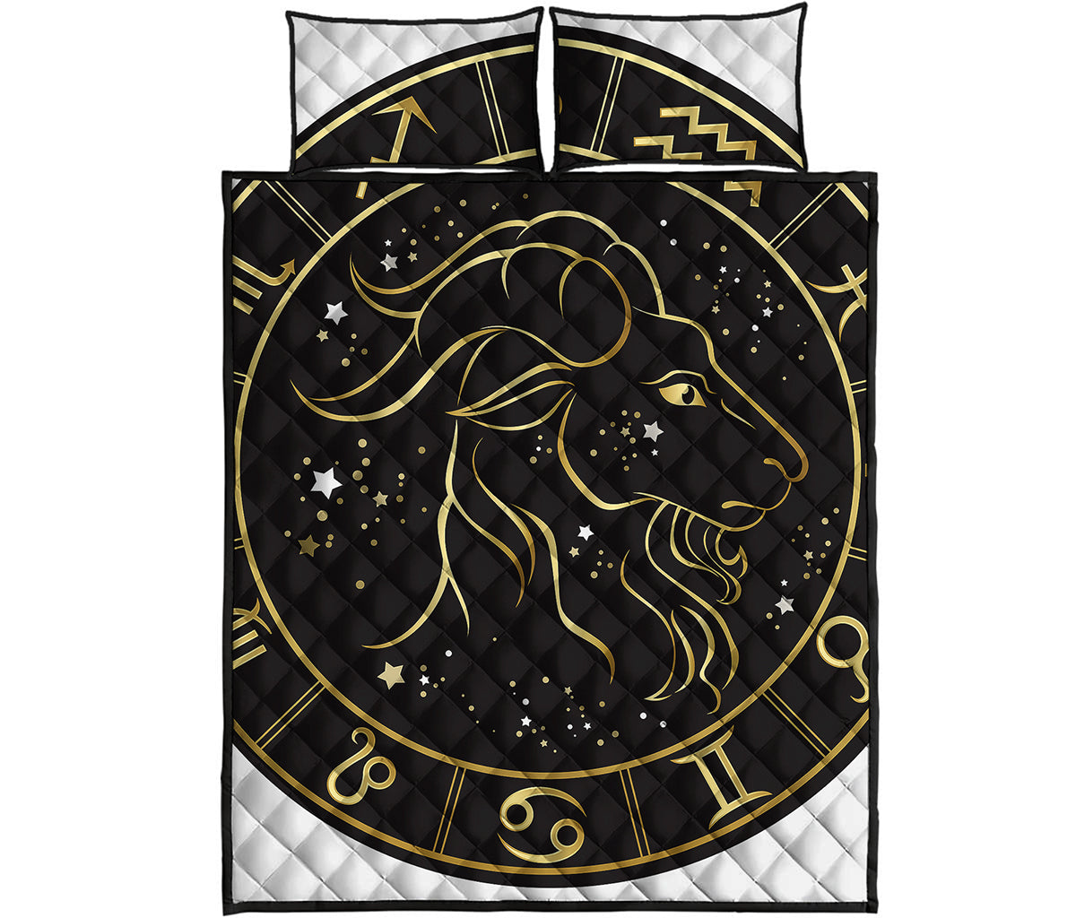 Gold And Black Capricorn Sign Print Quilt Bed Set