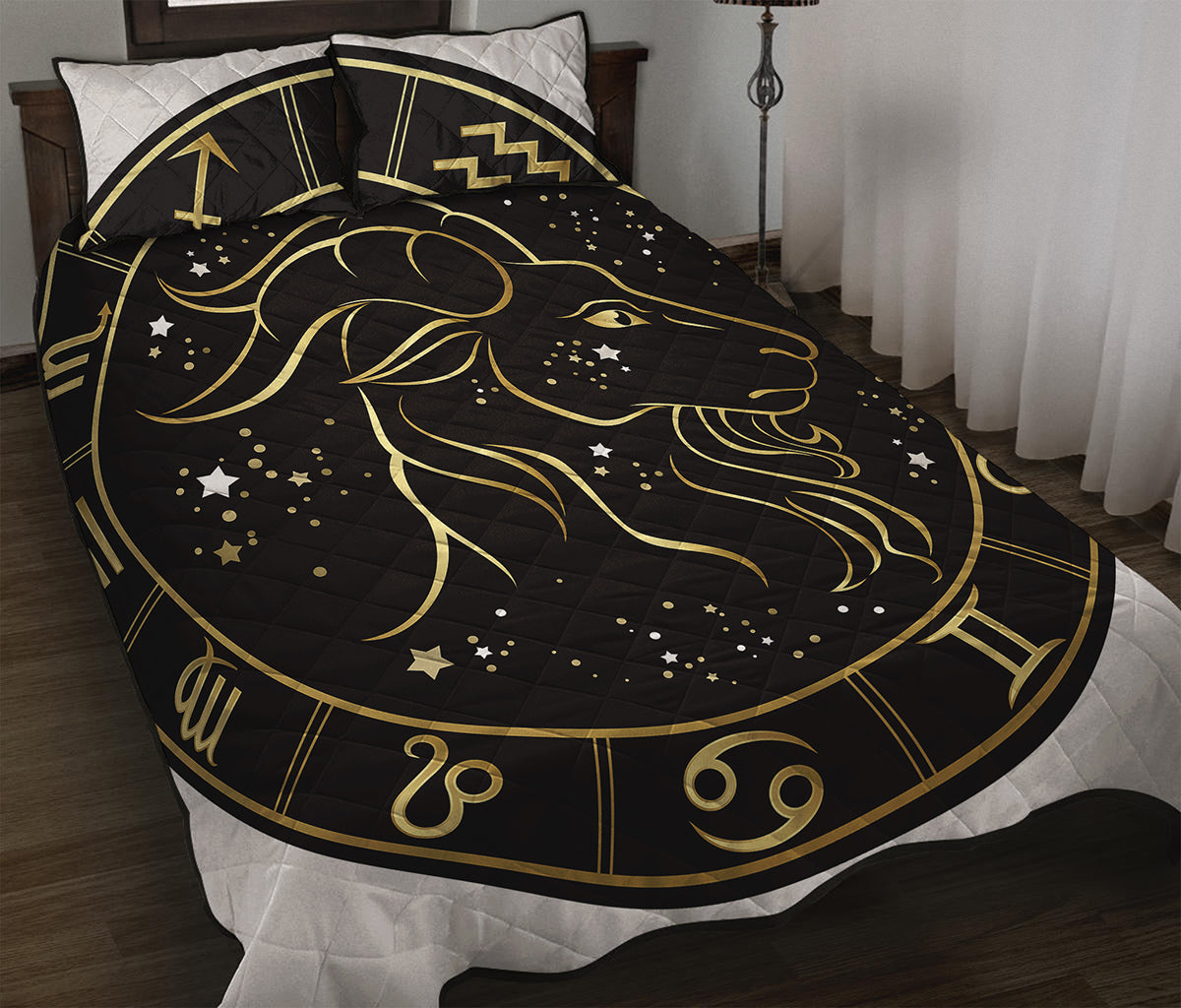 Gold And Black Capricorn Sign Print Quilt Bed Set