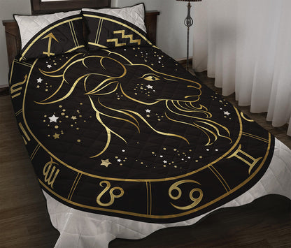 Gold And Black Capricorn Sign Print Quilt Bed Set