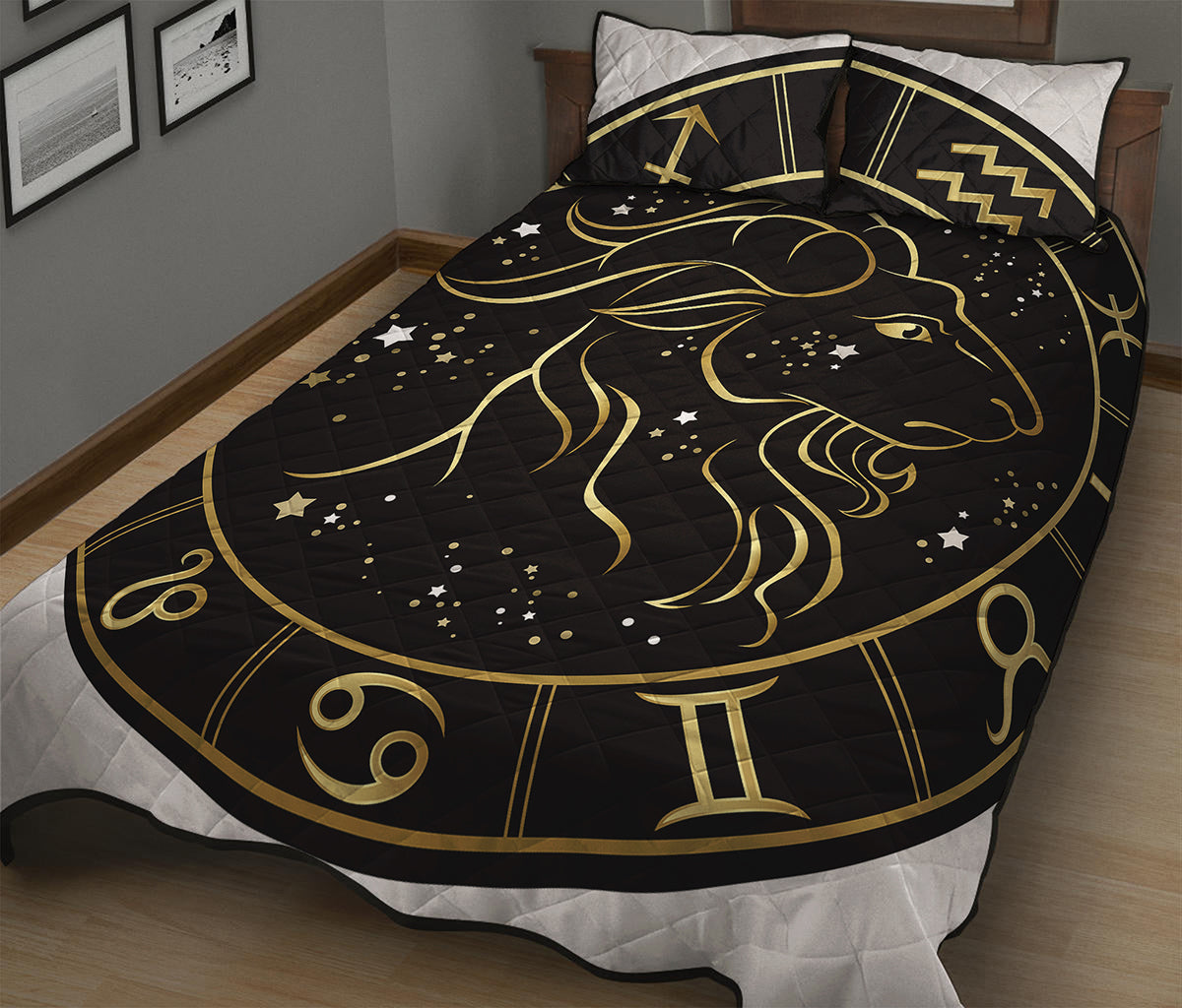 Gold And Black Capricorn Sign Print Quilt Bed Set