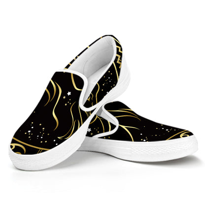 Gold And Black Capricorn Sign Print White Slip On Shoes