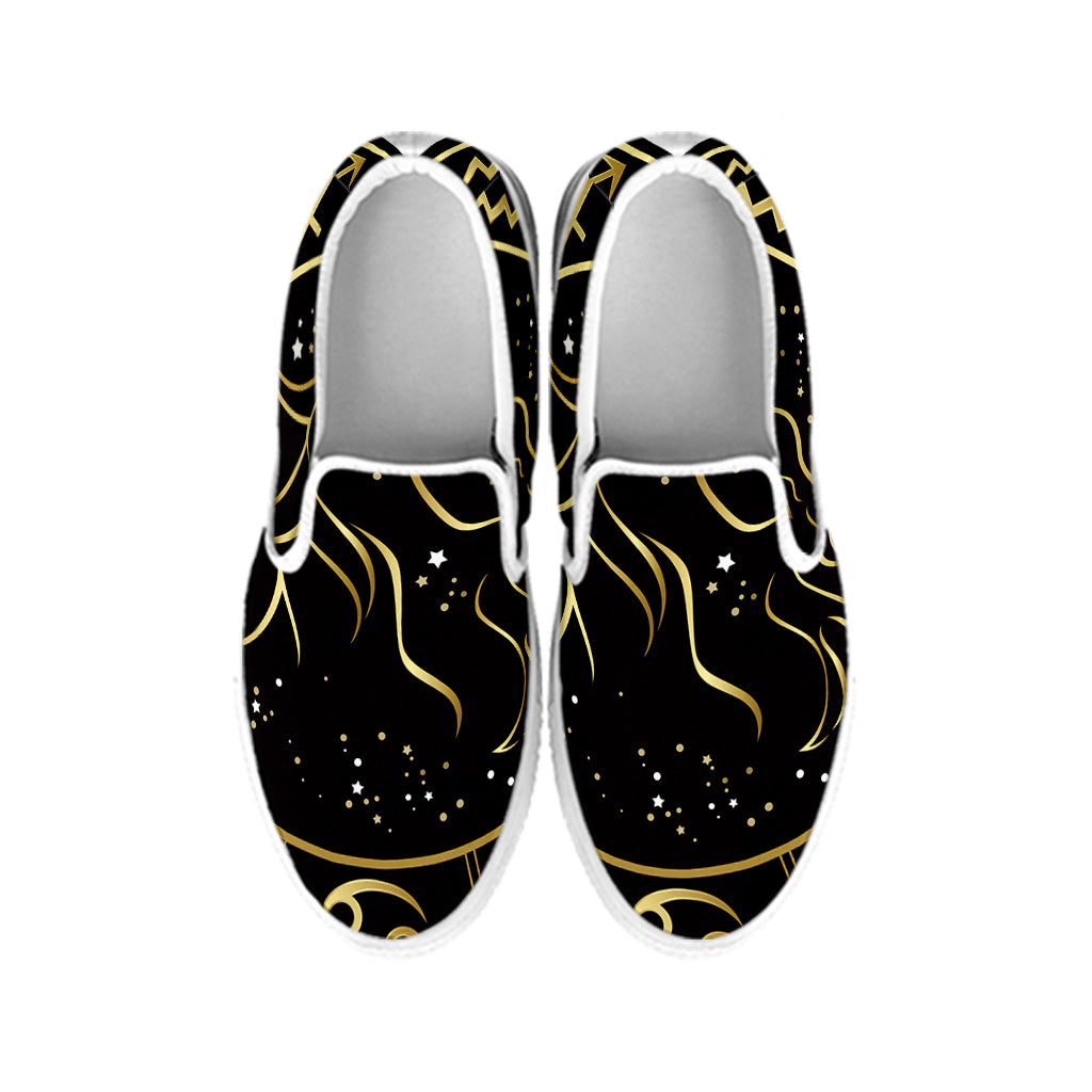 Gold And Black Capricorn Sign Print White Slip On Shoes