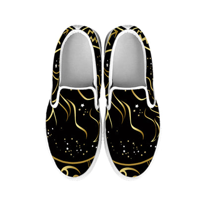 Gold And Black Capricorn Sign Print White Slip On Shoes
