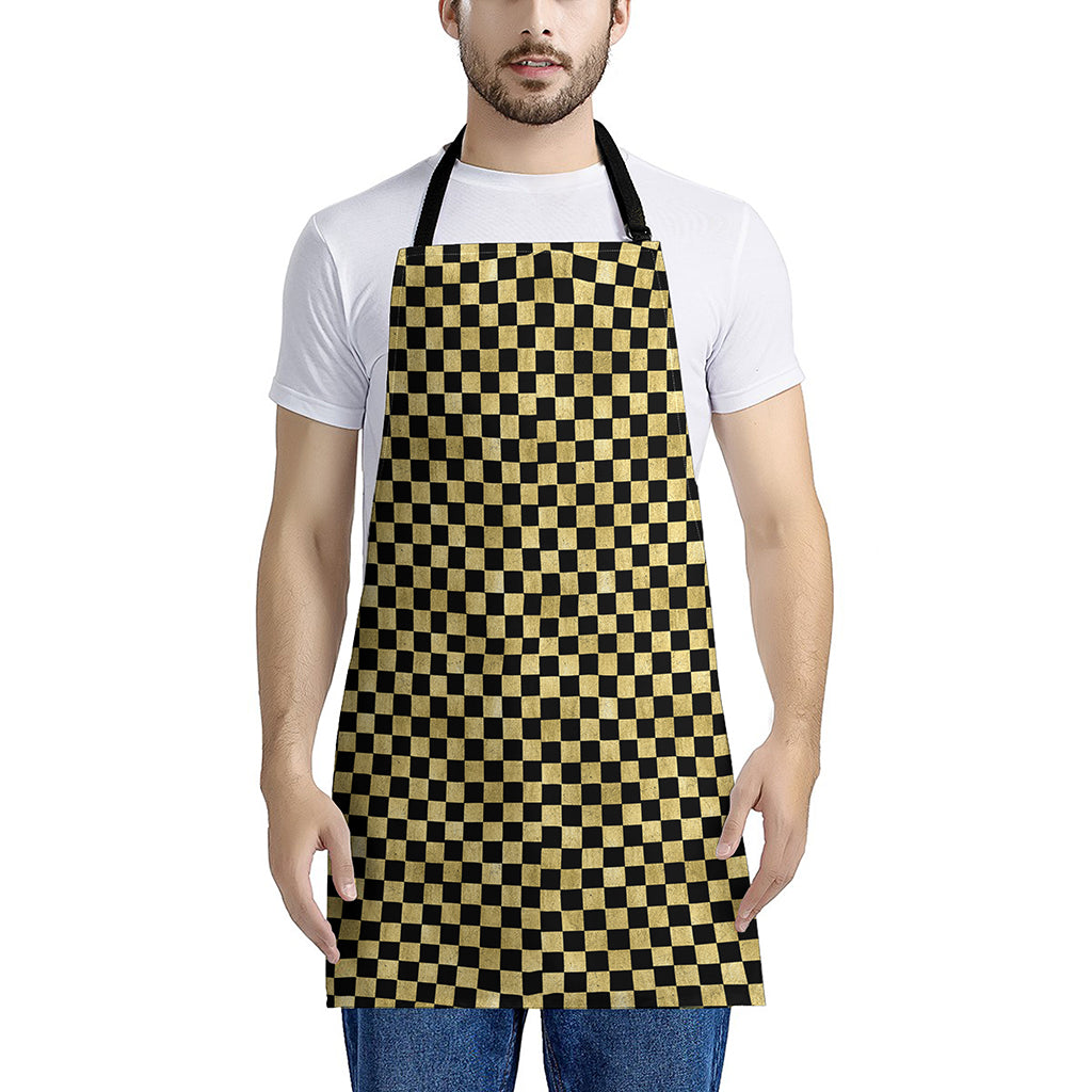 Gold And Black Checkered Pattern Print Apron