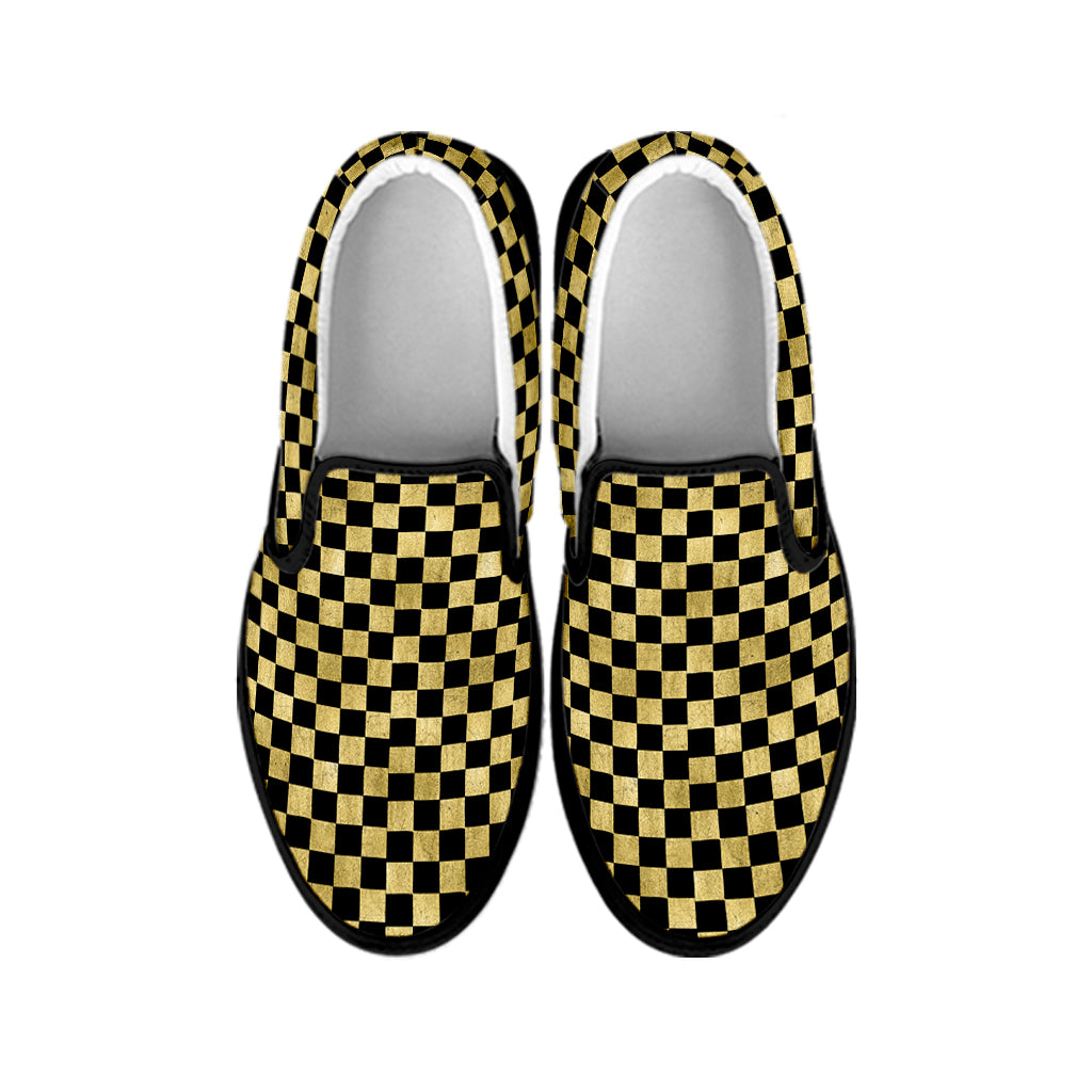 Gold And Black Checkered Pattern Print Black Slip On Shoes