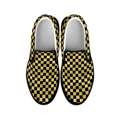 Gold And Black Checkered Pattern Print Black Slip On Shoes