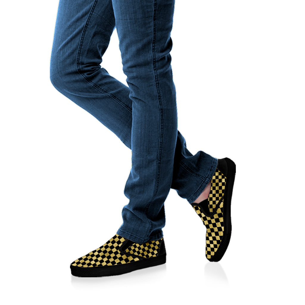 Gold And Black Checkered Pattern Print Black Slip On Shoes