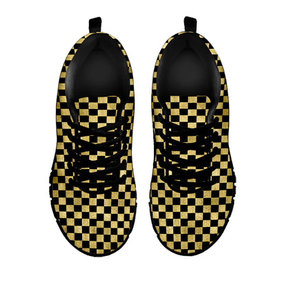 Gold And Black Checkered Pattern Print Black Sneakers