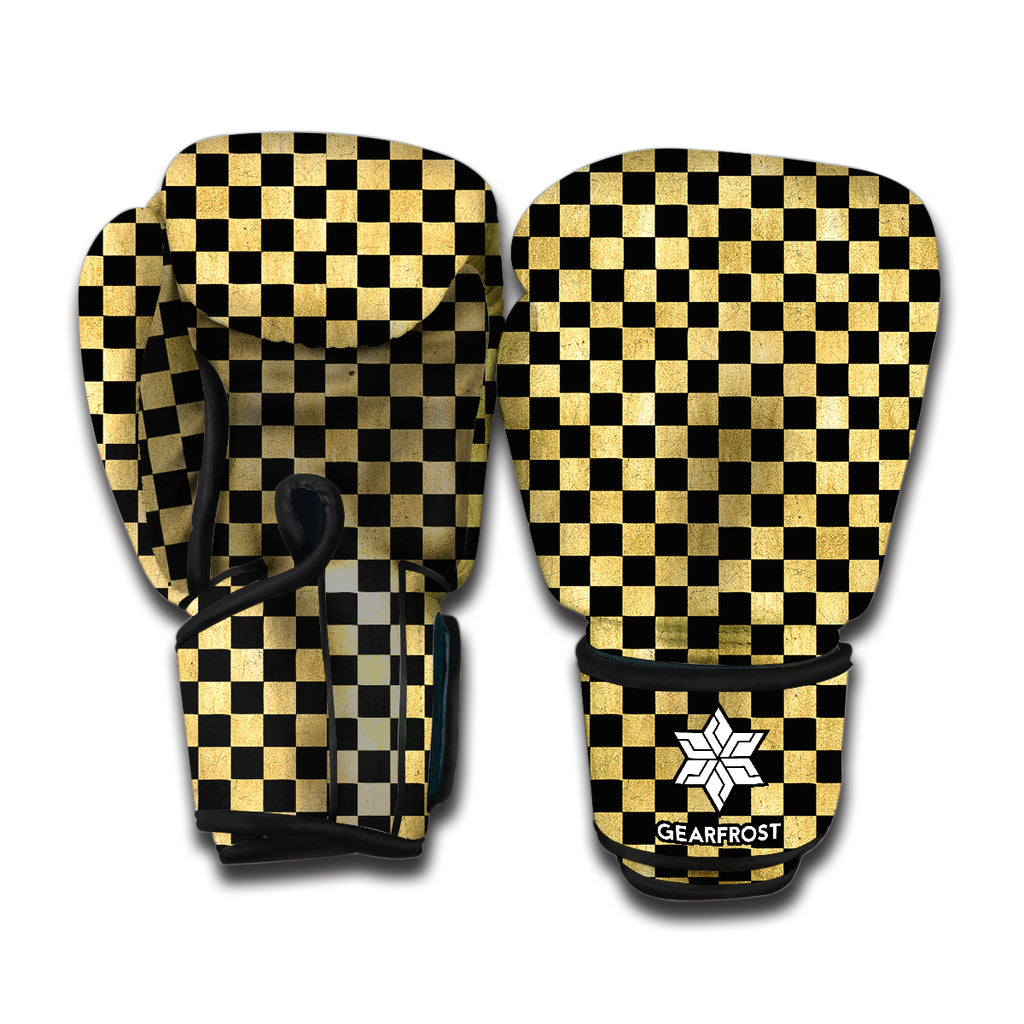 Gold And Black Checkered Pattern Print Boxing Gloves