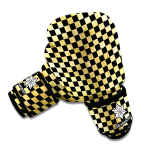 Gold And Black Checkered Pattern Print Boxing Gloves