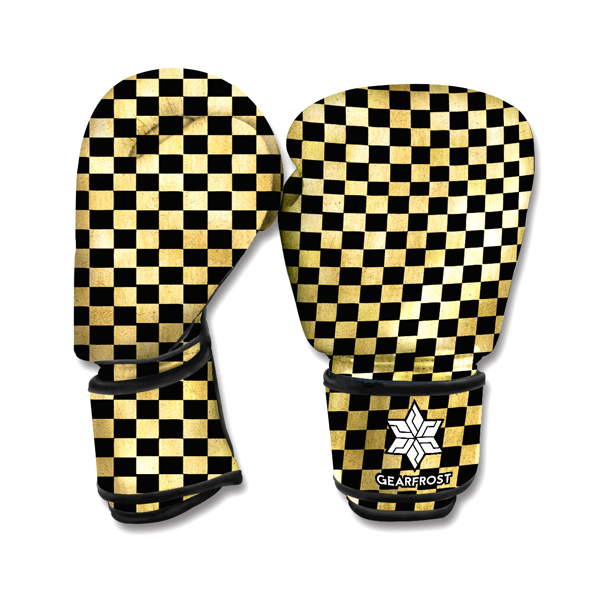 Gold And Black Checkered Pattern Print Boxing Gloves