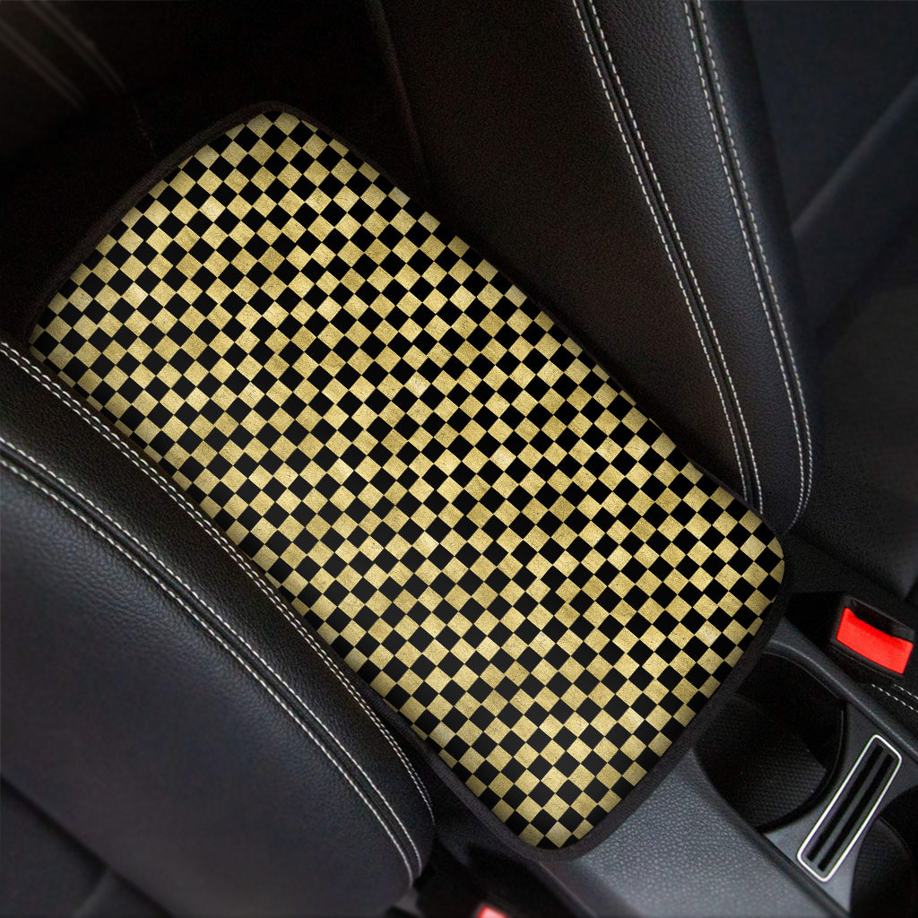 Gold And Black Checkered Pattern Print Car Center Console Cover